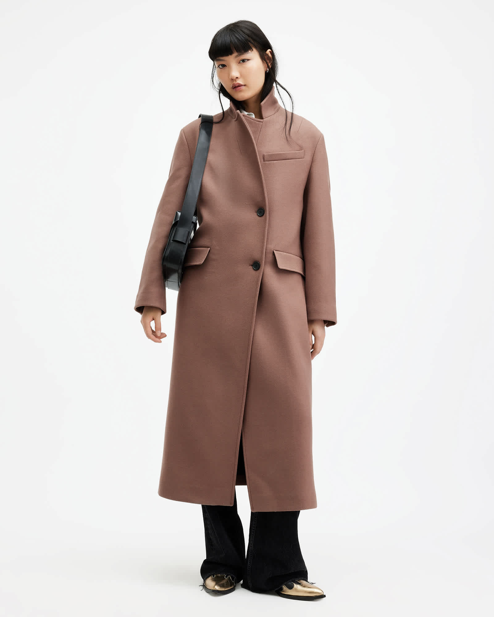 All Saints James Wool Blend Maxi Length Coat Chestnut Brown