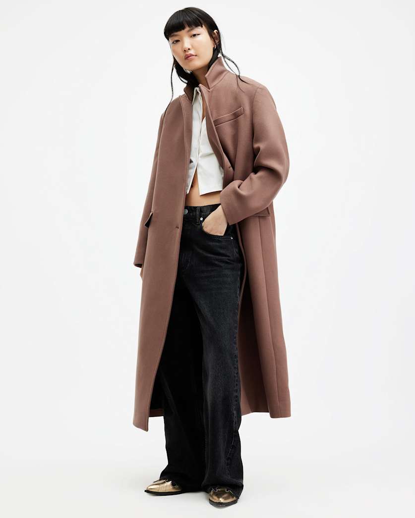 all saints James Wool Blend Maxi Length Coat Chestnut Brown