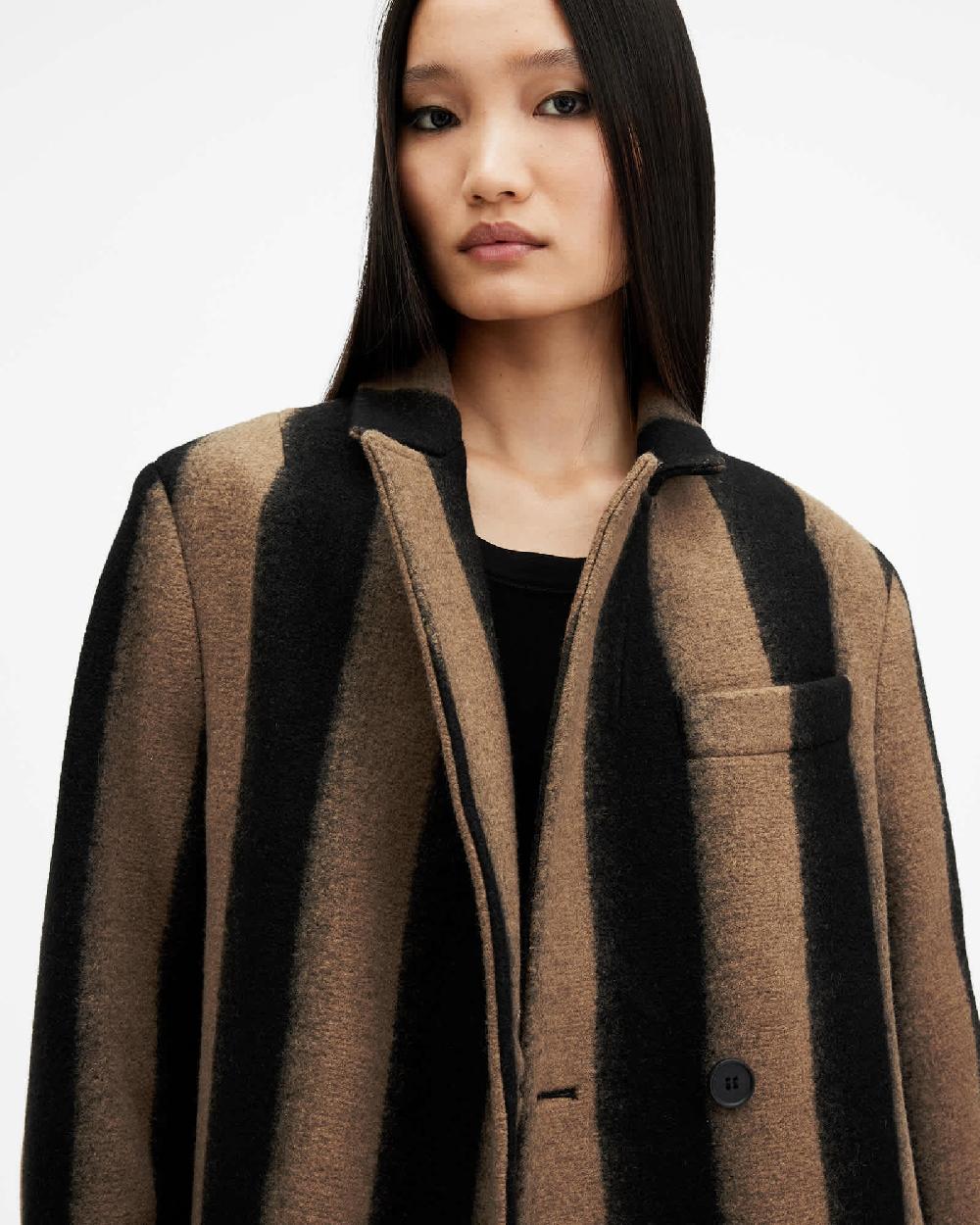 All Saints James Wool Blend Striped Maxi Coat Brown/Black