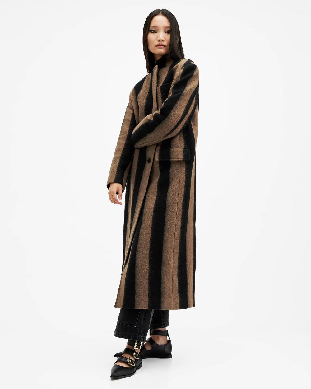 All Saints James Wool Blend Striped Maxi Coat Brown/Black