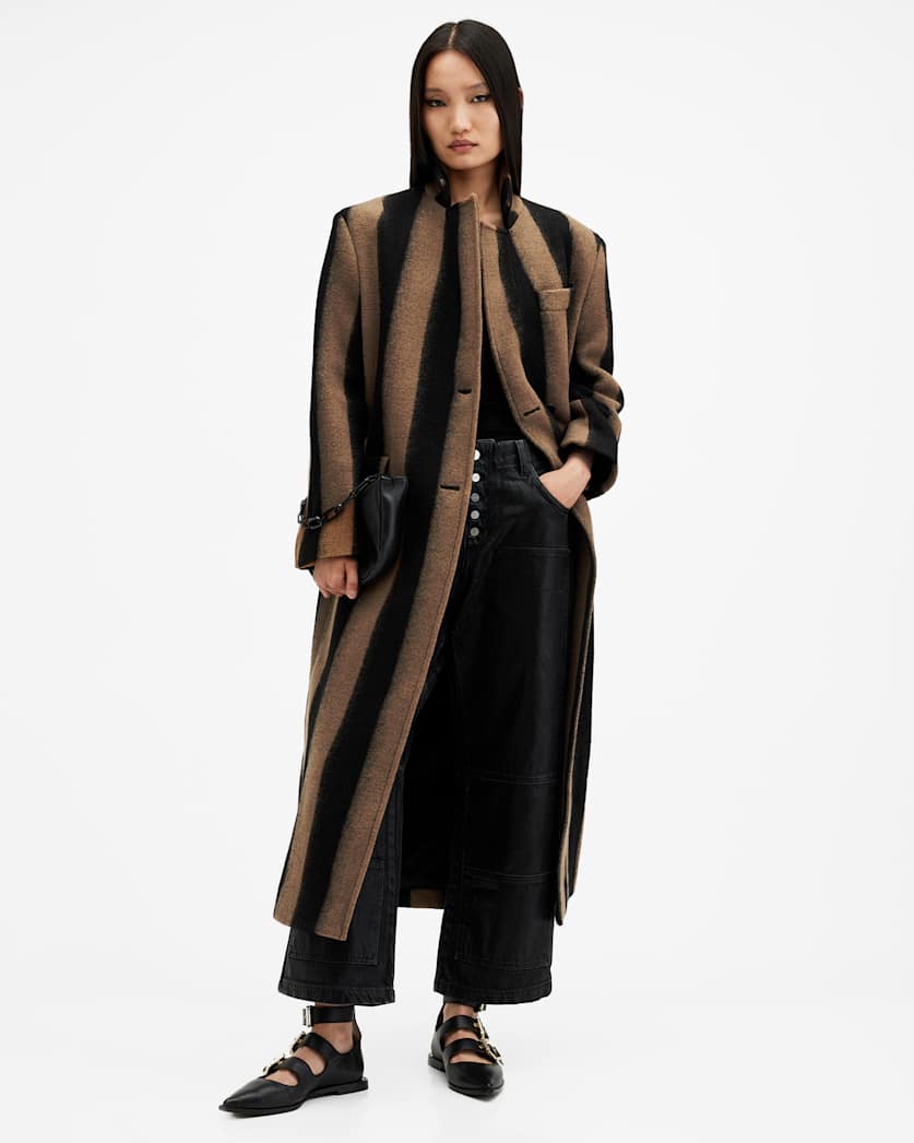 all saints James Wool Blend Striped Maxi Coat Brown/Black