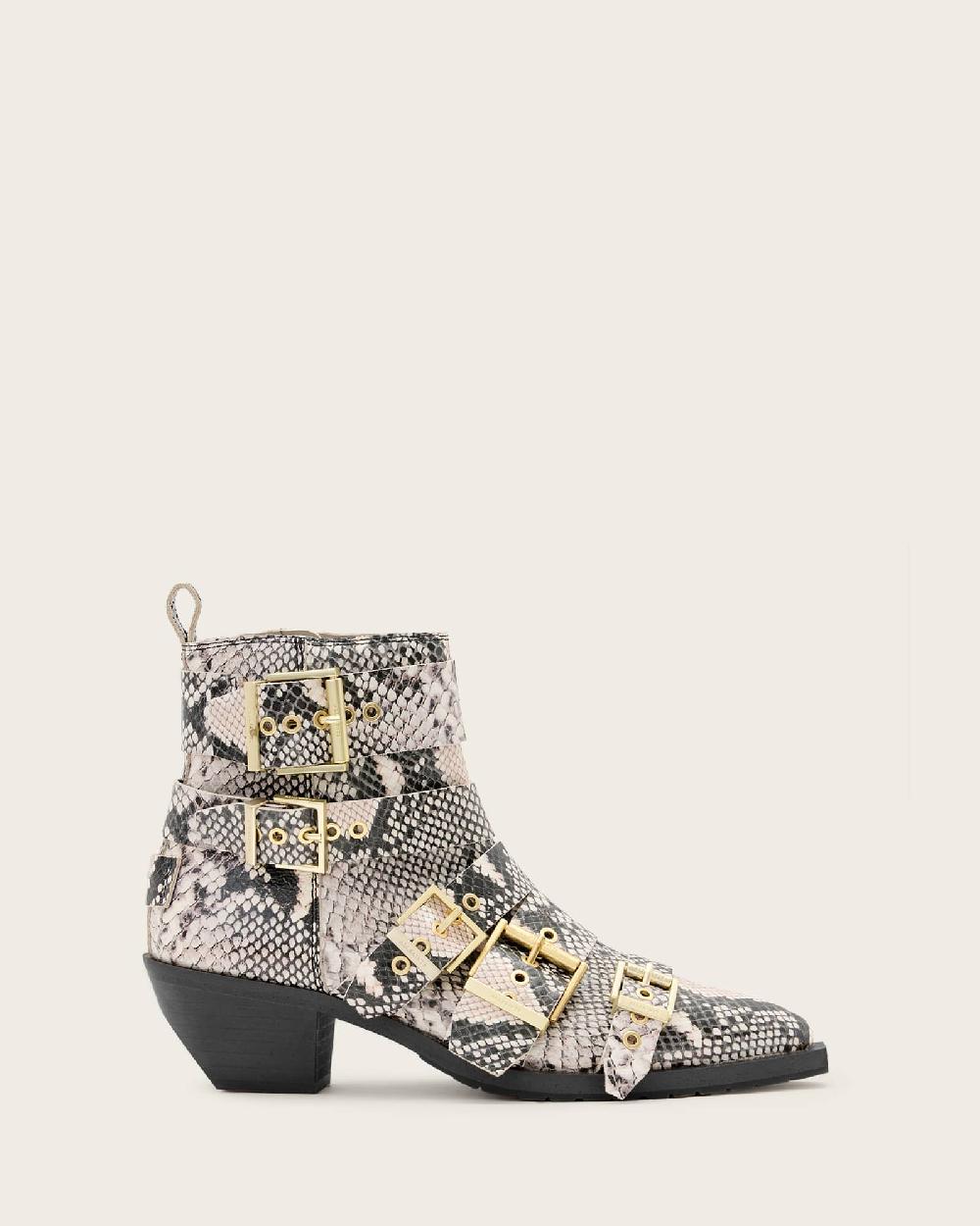 All Saints Jane Buckle Pointed Leather Boots Flow Ecru White