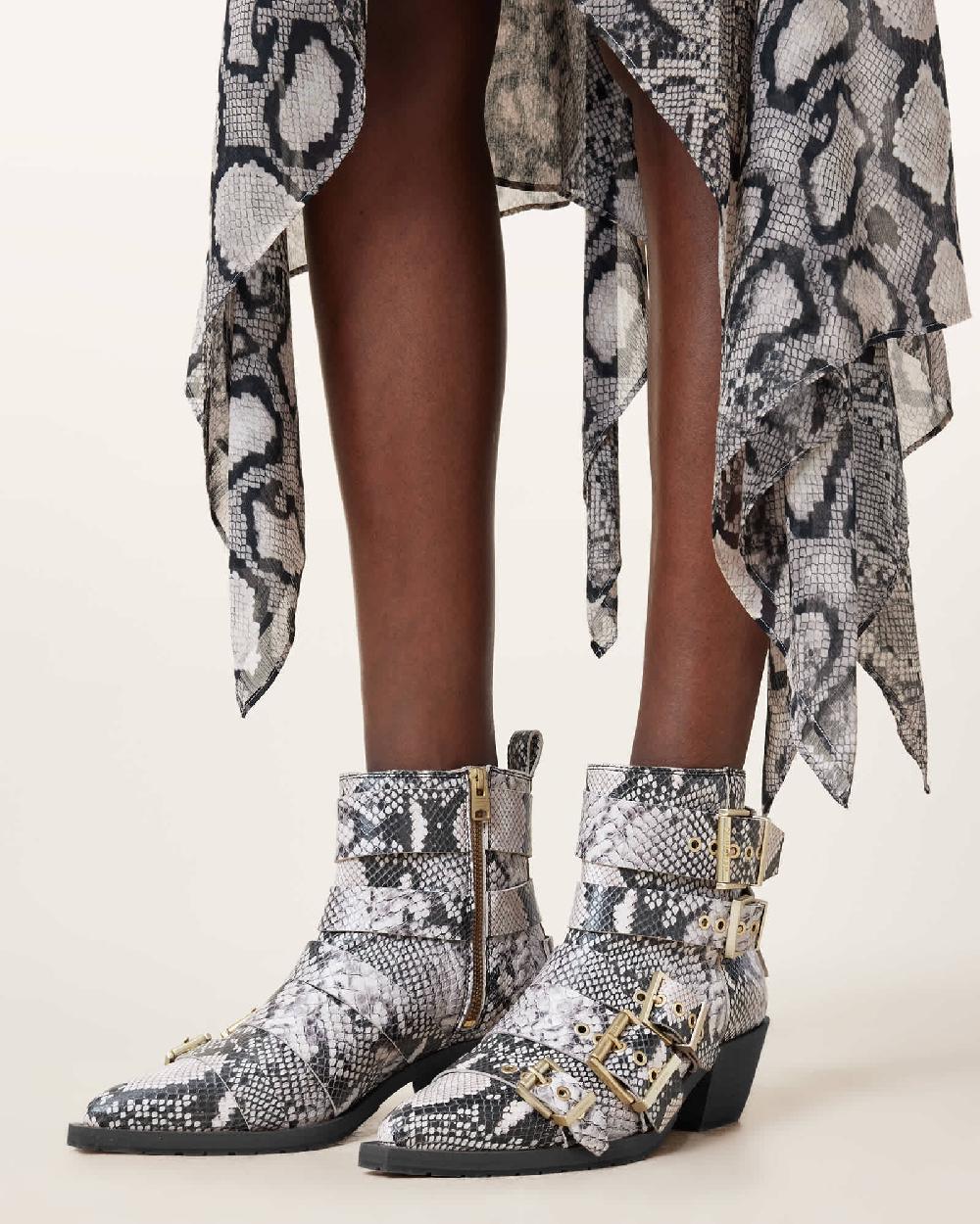 All Saints Jane Buckle Pointed Leather Boots Flow Ecru White