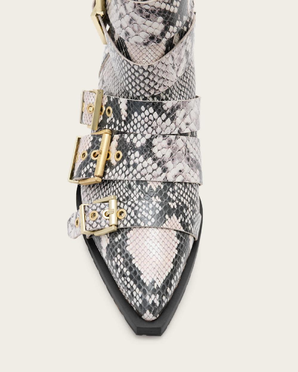 All Saints Jane Buckle Pointed Leather Boots Flow Ecru White