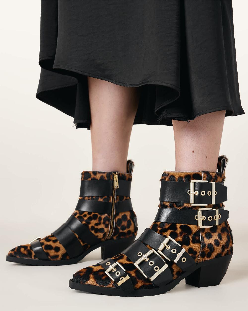 All Saints Jane Buckle Pointed Leather Boots LEPPO BROWN/BLACK