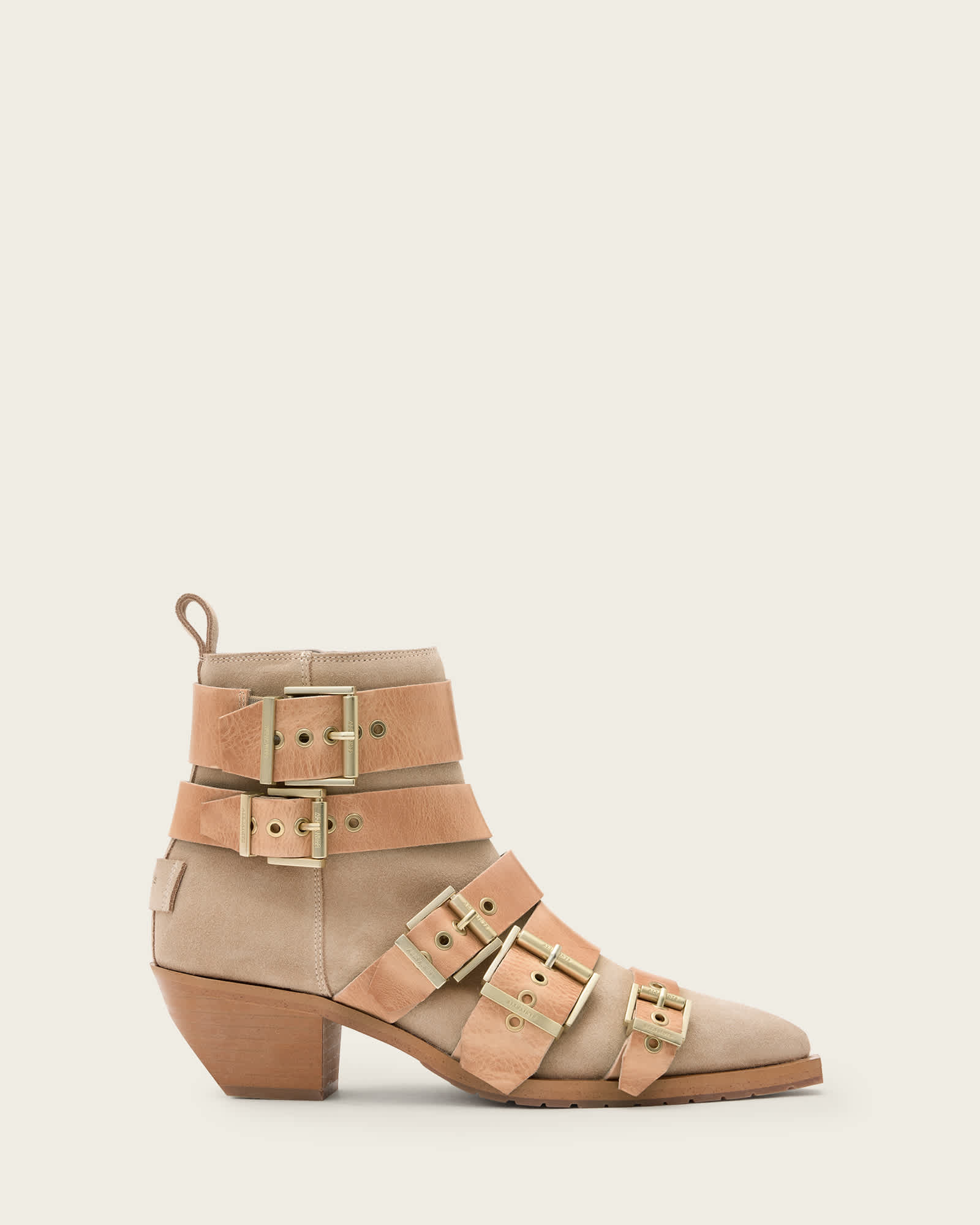 All Saints Jane Buckle Pointed Leather Boots Sand Brown