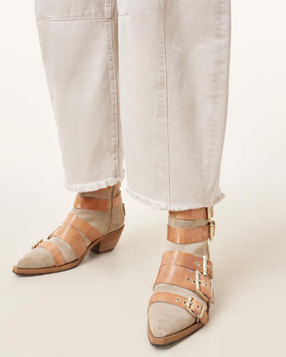 All Saints Jane Buckle Pointed Leather Boots Sand Brown