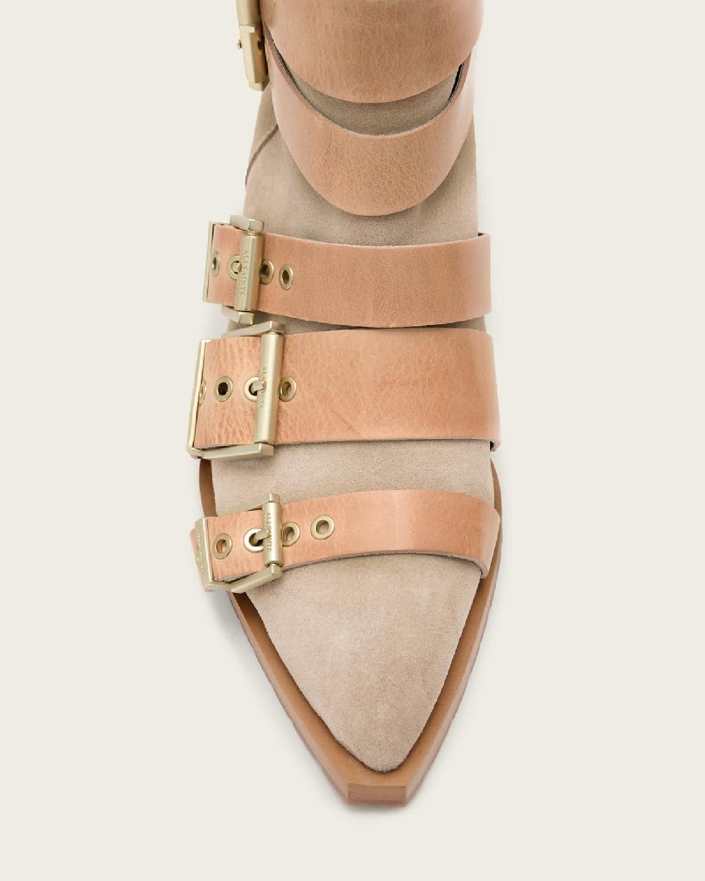 All Saints Jane Buckle Pointed Leather Boots Sand Brown