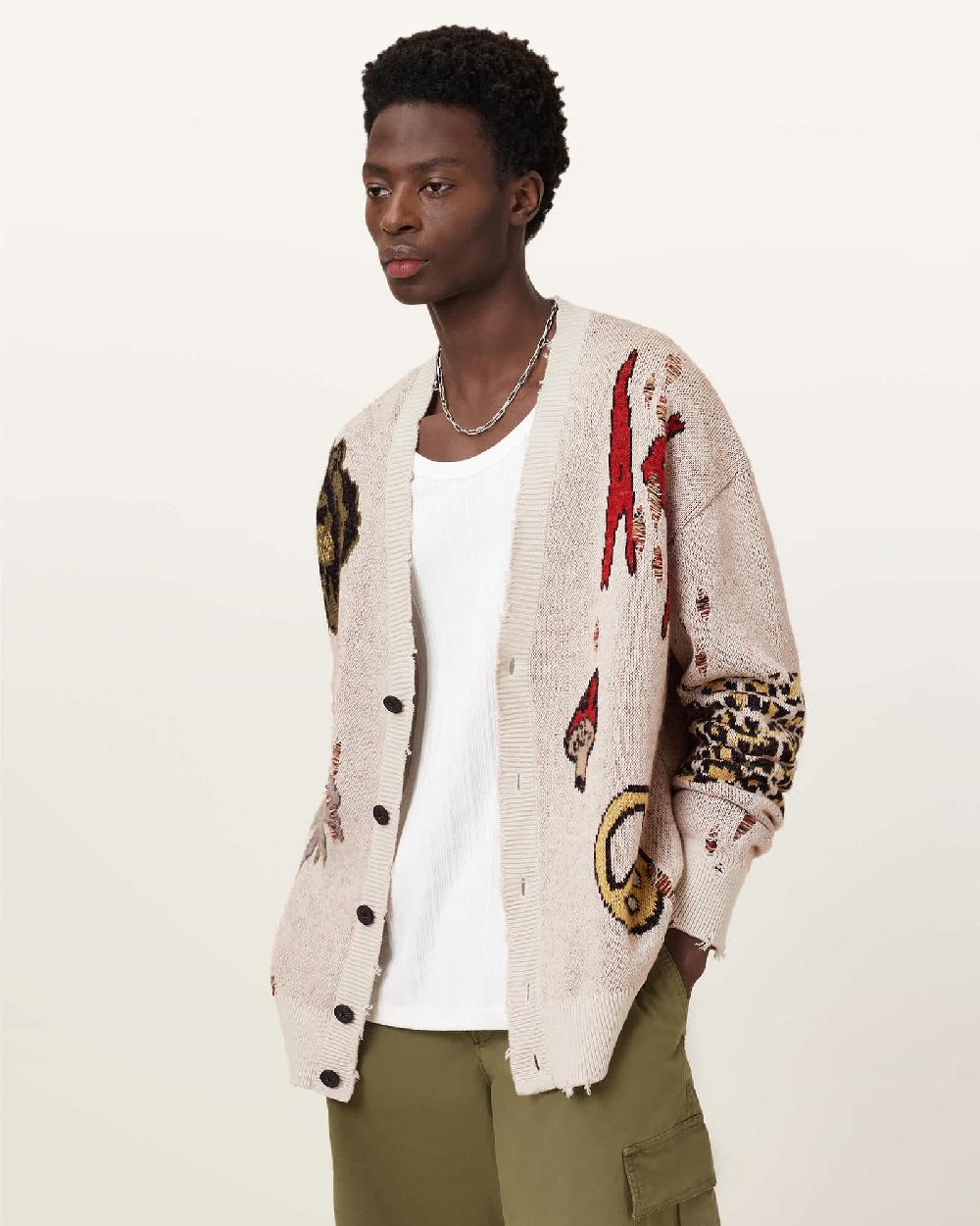 All Saints Jay Relaxed Jacquard Cardigan Ecru White