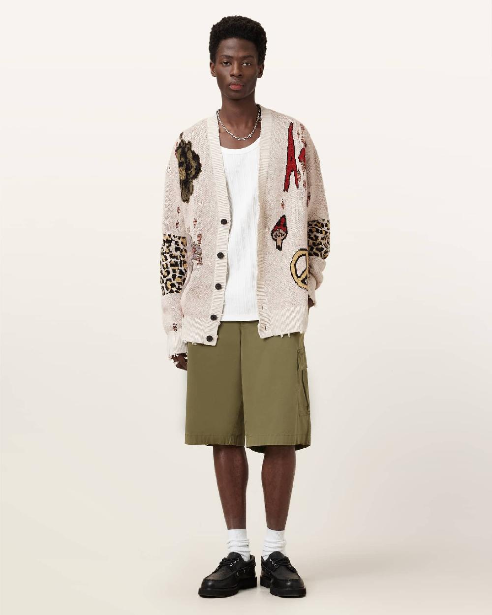 All Saints Jay Relaxed Jacquard Cardigan Ecru White