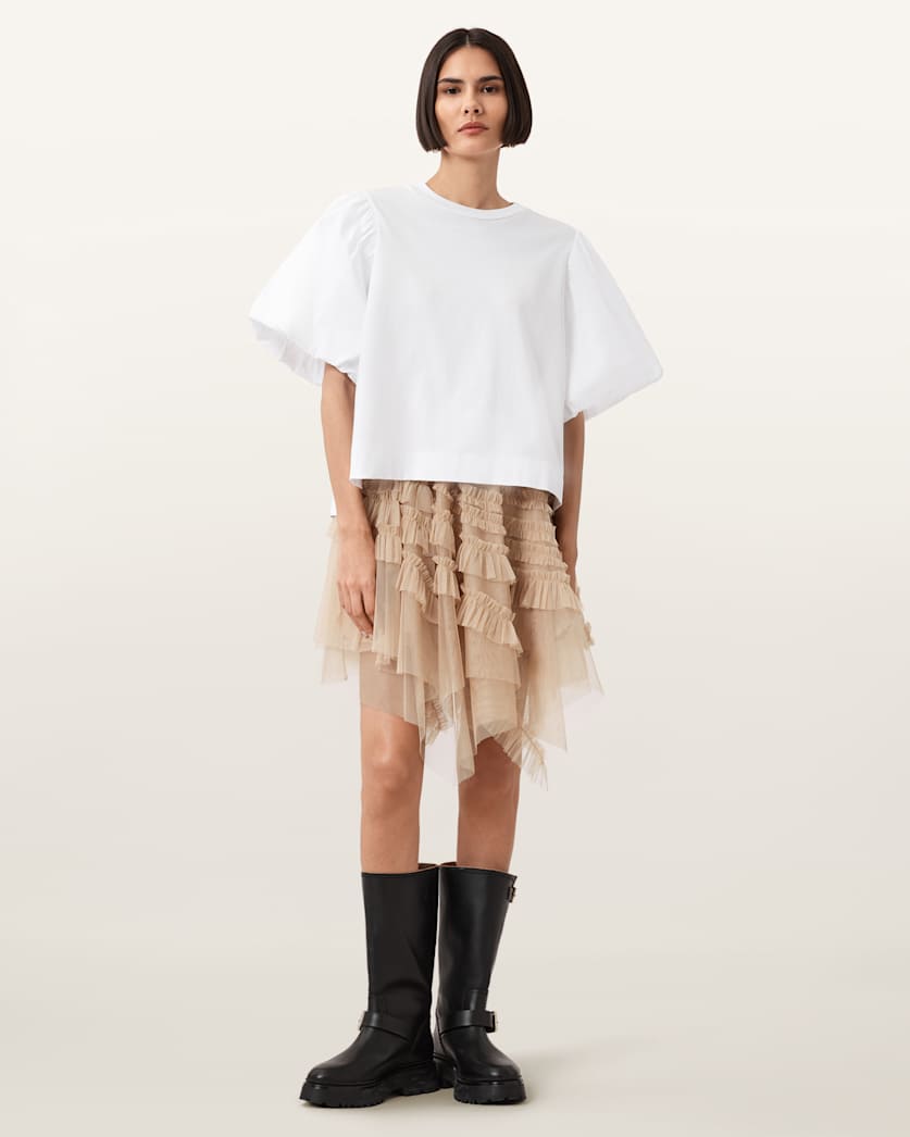 all saints Jayde Ruffled Tulle Mini Skirt Blush Pink