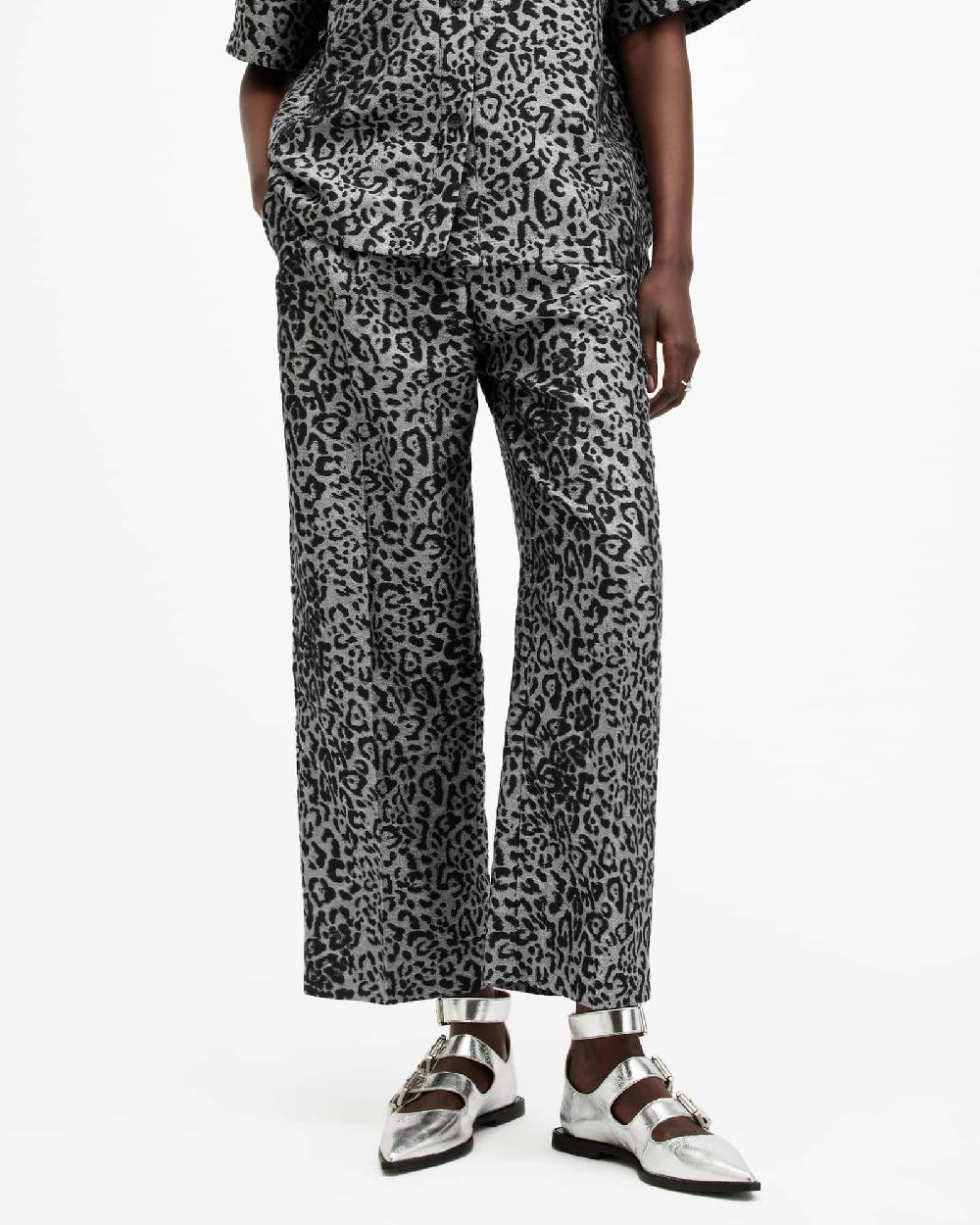 All Saints Jemi Leopard Print Metallic Pants Silver Grey