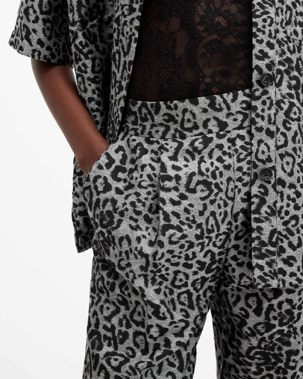 All Saints Jemi Leopard Print Metallic Pants Silver Grey