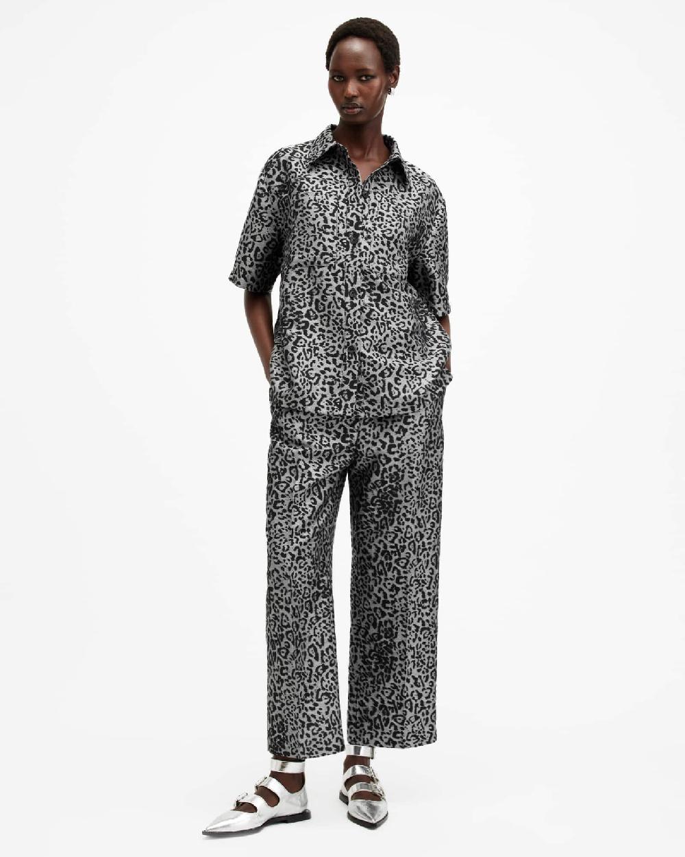 All Saints Jemi Leopard Print Metallic Pants Silver Grey