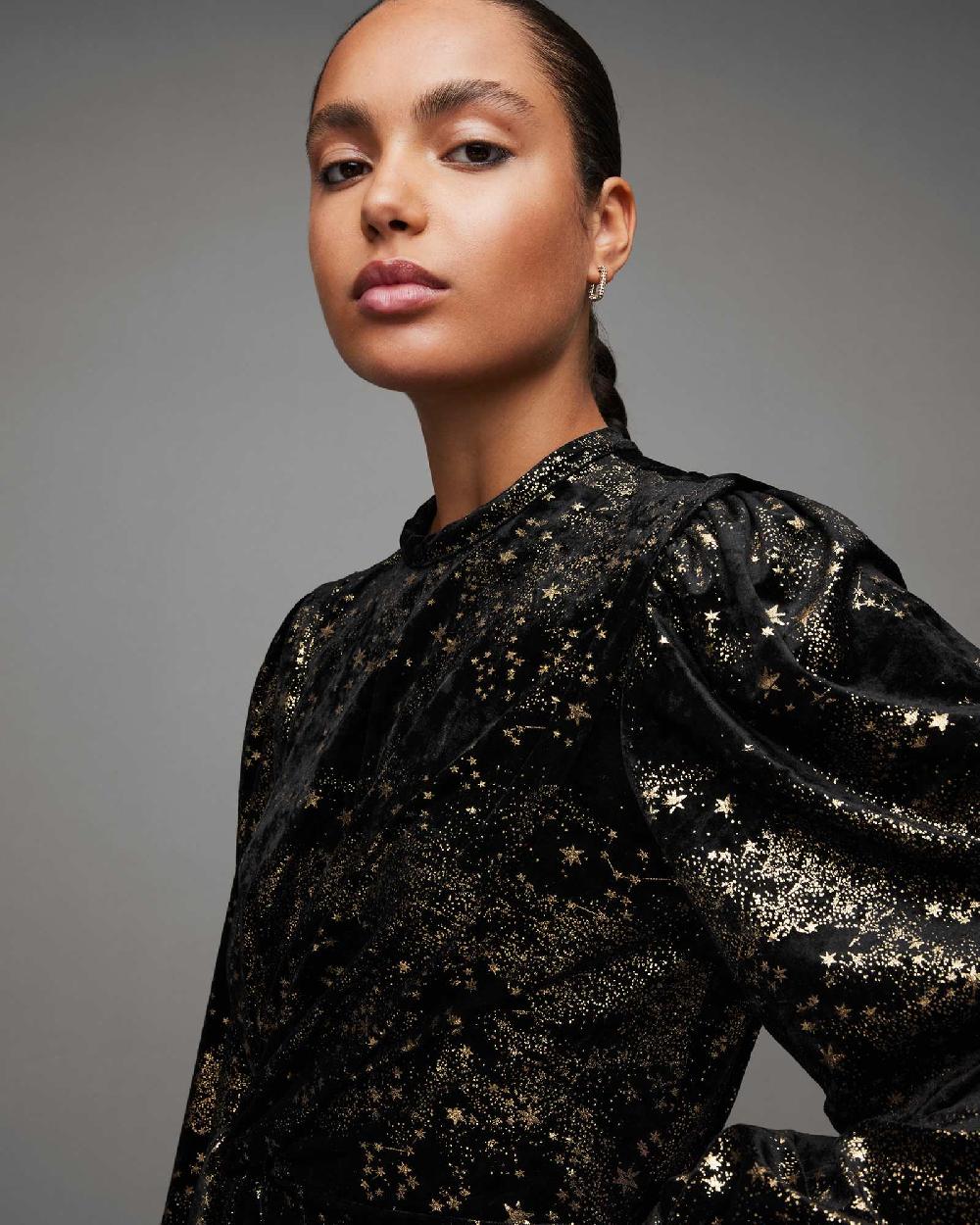 All Saints Jemima Star Printed Wrap Over Mini Dress Black/Gold