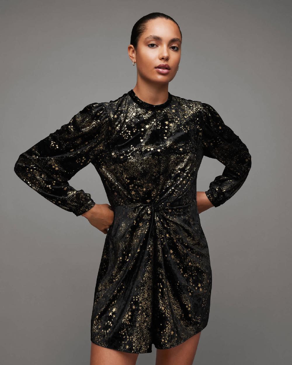 All Saints Jemima Star Printed Wrap Over Mini Dress Black/Gold