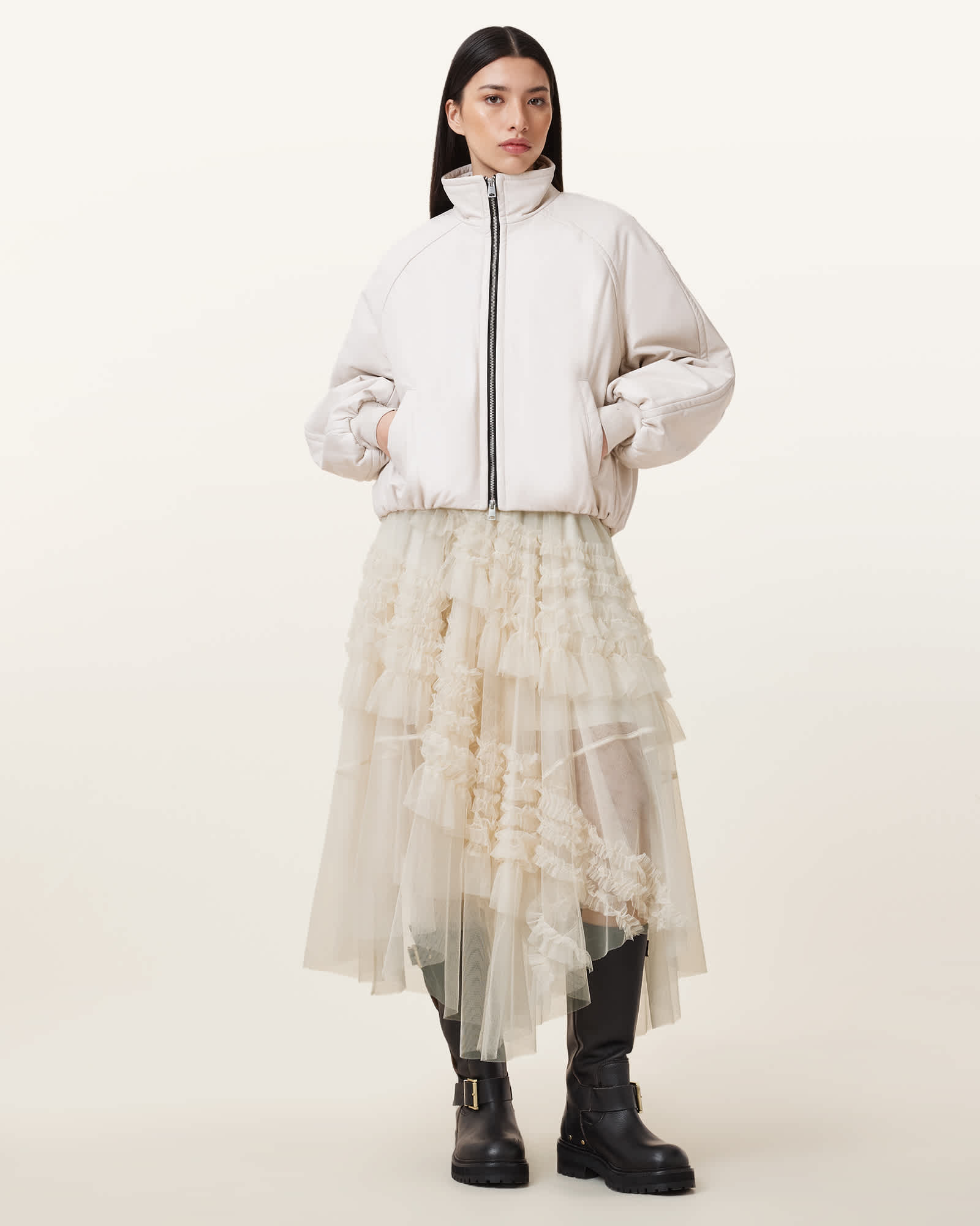 All Saints Jen Tulle Asymmetric Maxi Skirt Tofu White