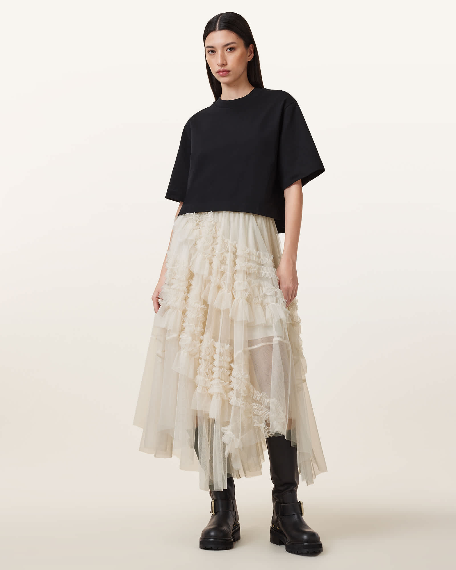 All Saints Jen Tulle Asymmetric Maxi Skirt Tofu White