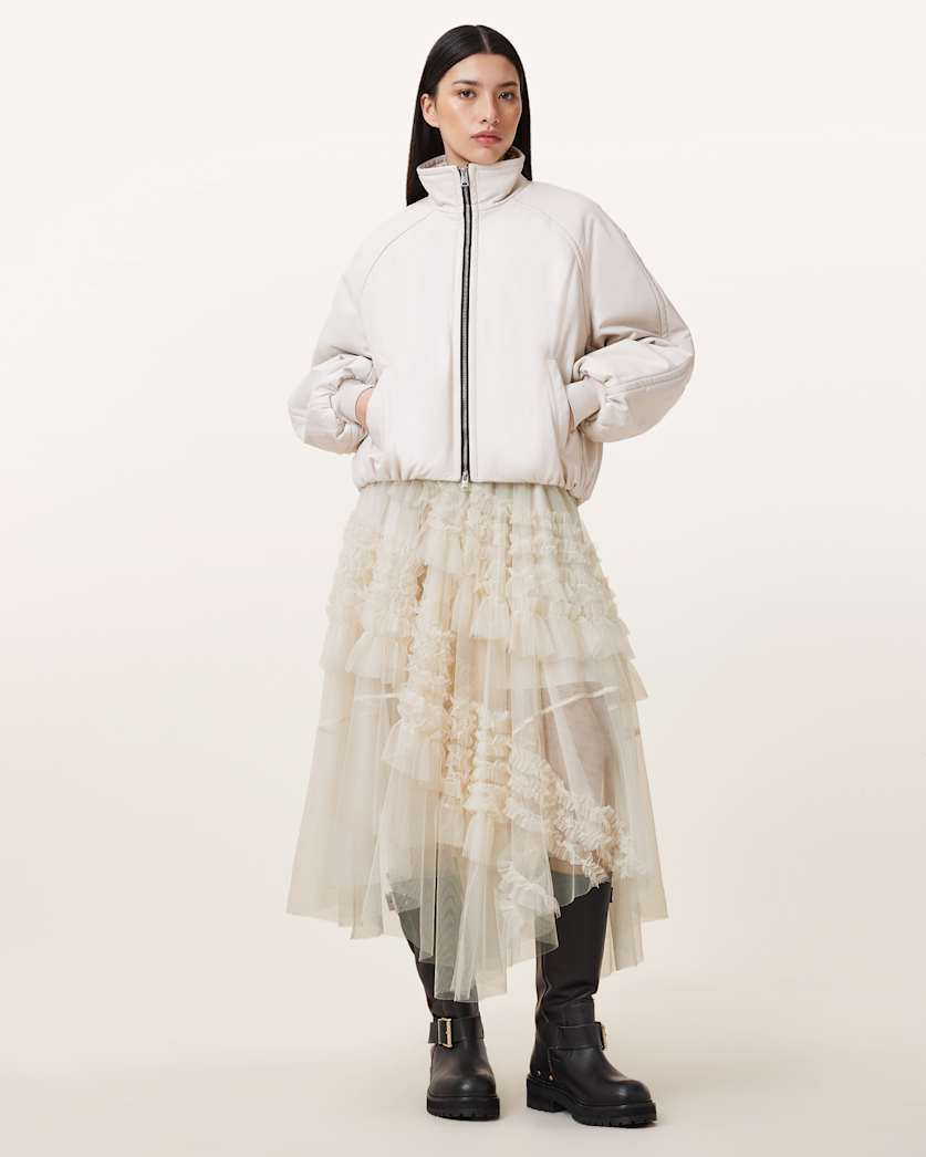 all saints Jen Tulle Asymmetric Maxi Skirt Tofu White