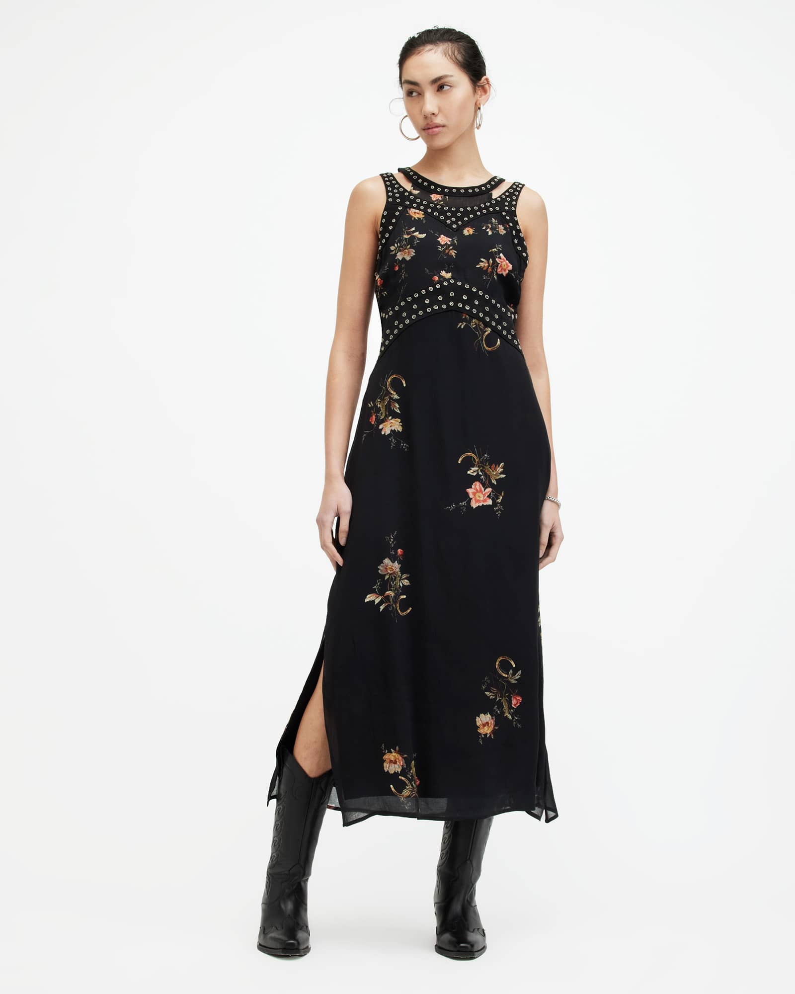 All Saints Jessie Tanana Floral Print Maxi Dress Jet Black