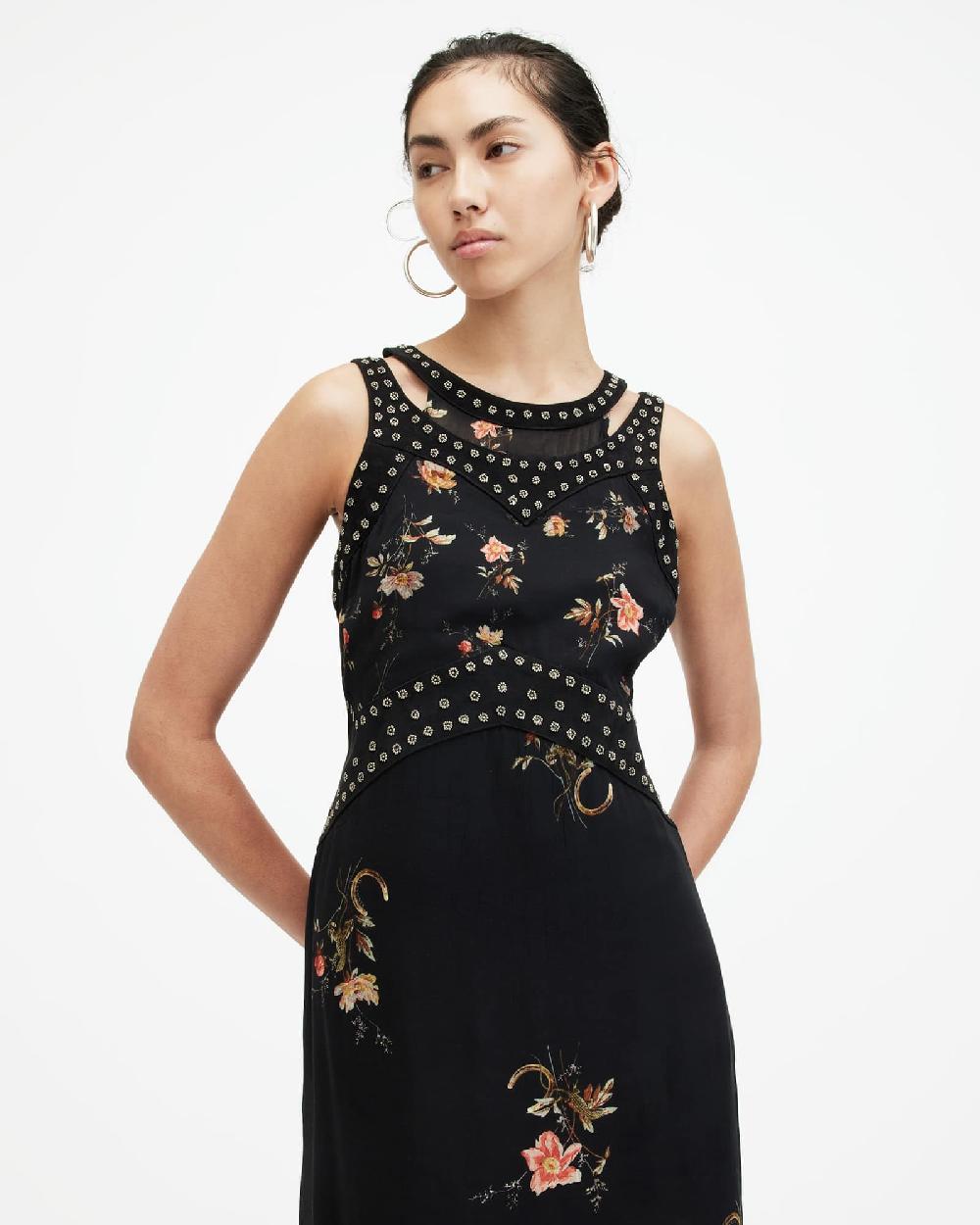 All Saints Jessie Tanana Floral Print Maxi Dress Jet Black