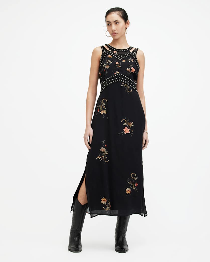 all saints Jessie Tanana Floral Print Maxi Dress Jet Black