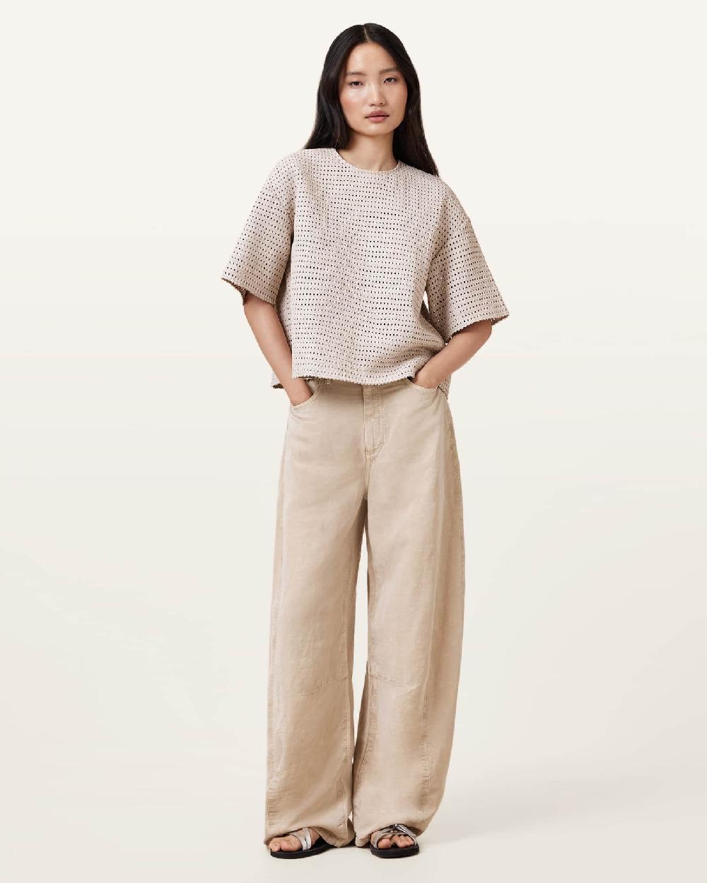 All Saints Jett Barrel Leg Linen Blend Pants Sand Brown