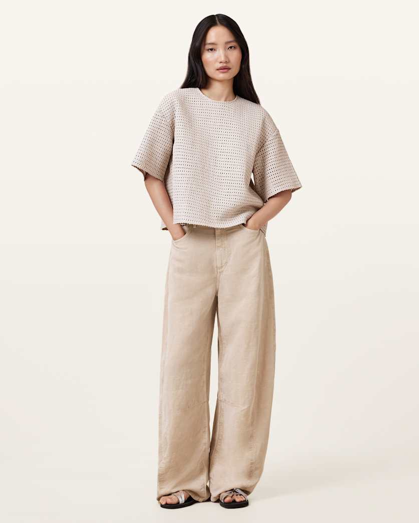 all saints Jett Barrel Leg Linen Blend Pants Sand Brown