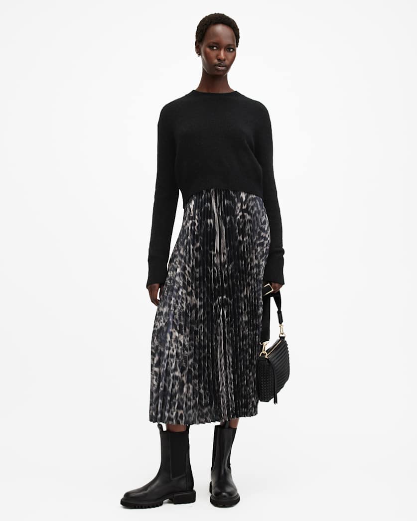 all saints Jinx 2-In-1 Printed Pleated Maxi Dress JINX TAUPE BROWN