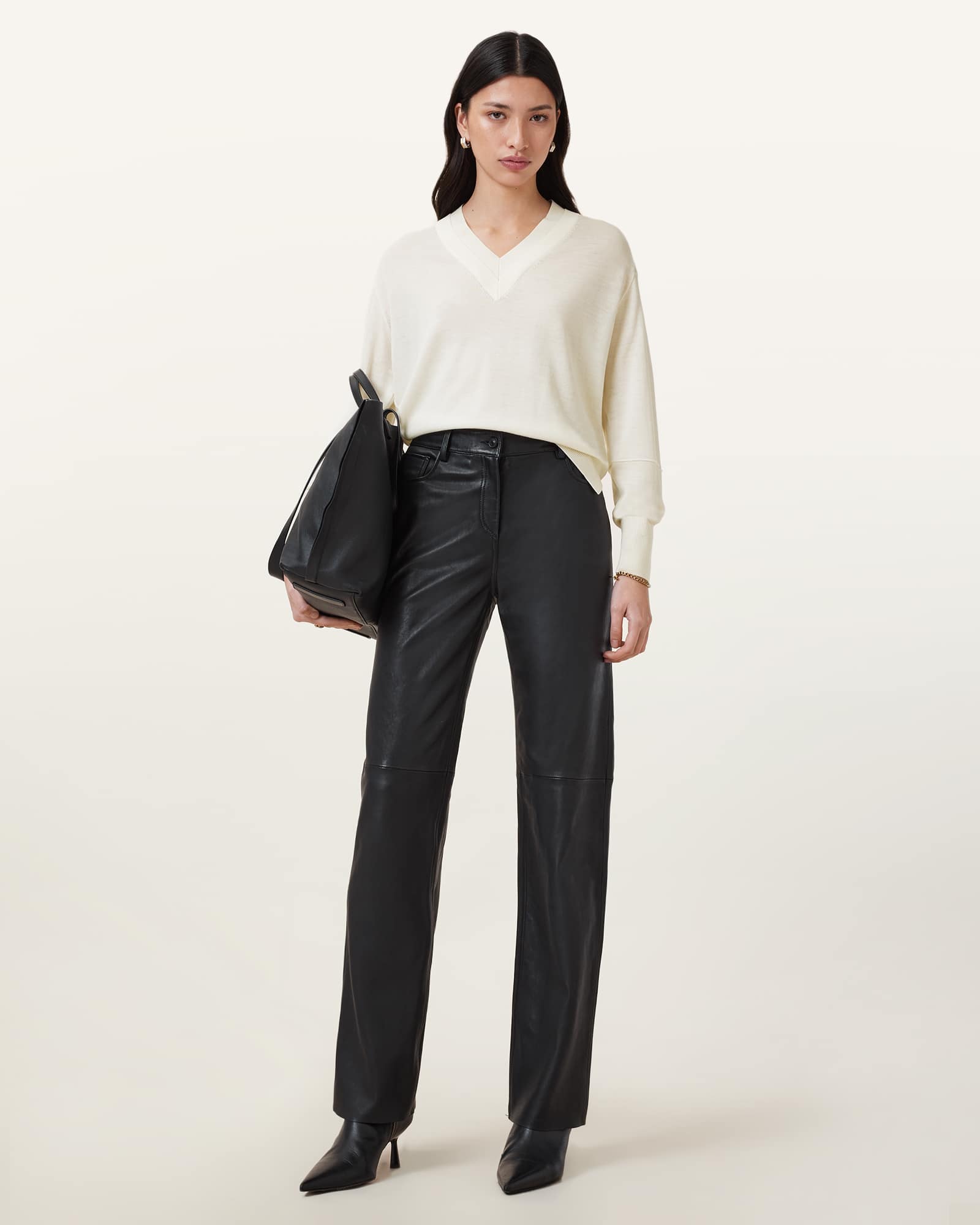 All Saints Julieana V Neck Wool Sweater Chalk White