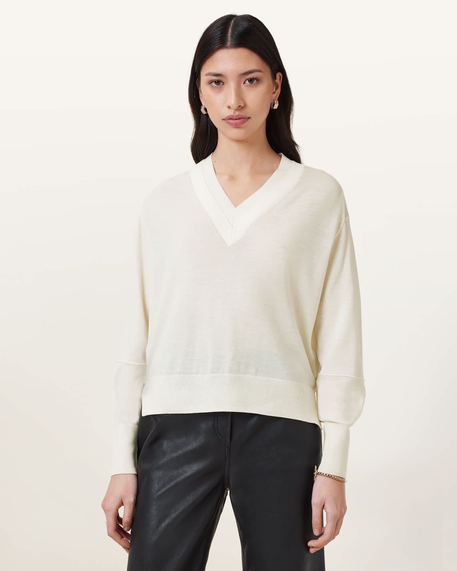 All Saints Julieana V Neck Wool Sweater Chalk White