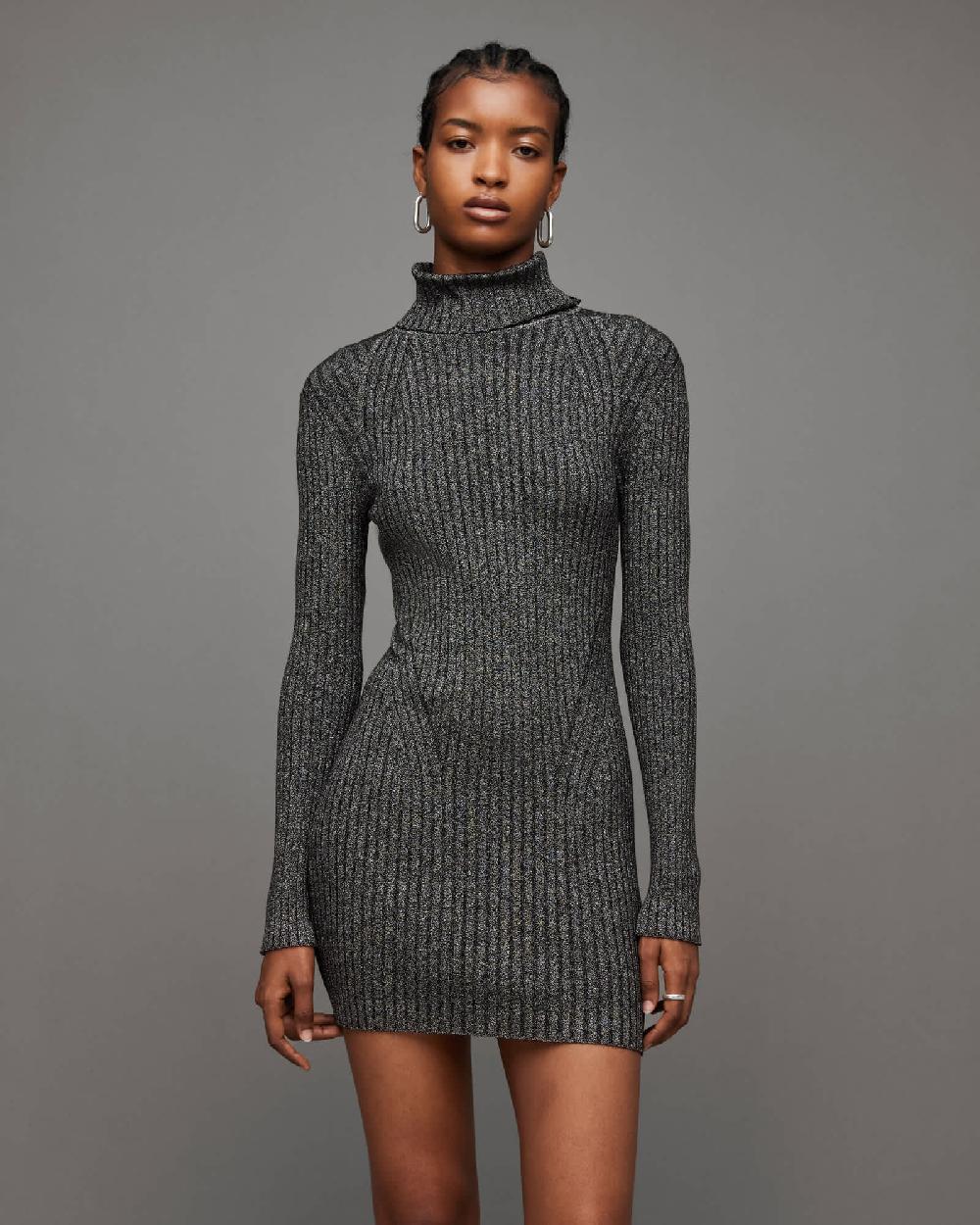 All Saints Juliette Roll Neck Metallic Mini Dress Black/Silver