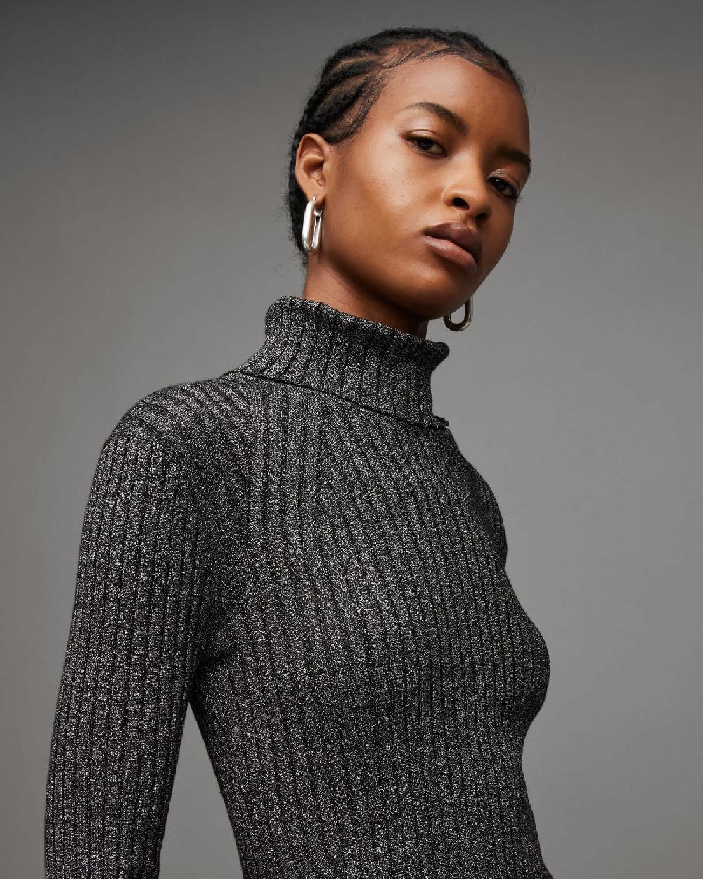 All Saints Juliette Roll Neck Metallic Mini Dress Black/Silver