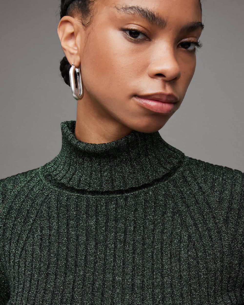 All Saints Juliette Roll Neck Metallic Mini Dress Sycamore Green