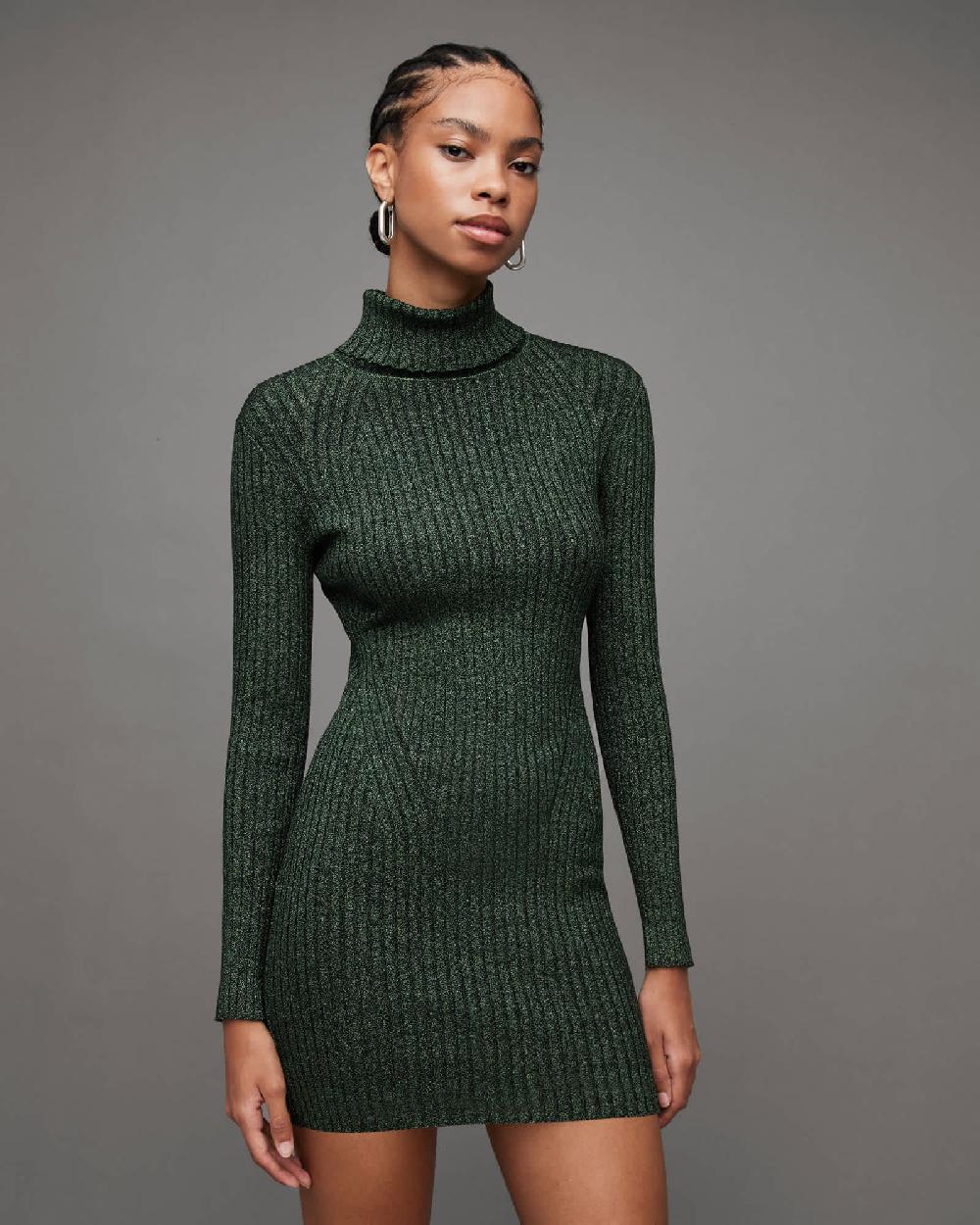All Saints Juliette Roll Neck Metallic Mini Dress Sycamore Green
