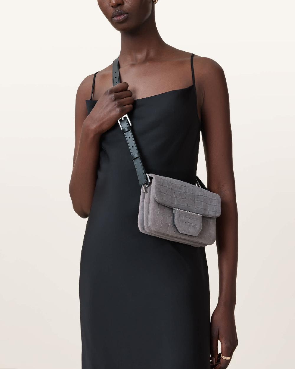 All Saints Jupiter Croc-Effect Leather Crossbody Bag Slate Blue