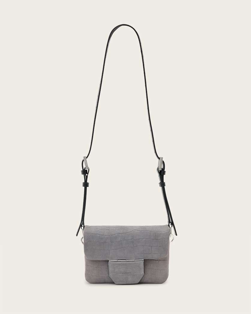 all saints Jupiter Croc-Effect Leather Crossbody Bag Slate Blue
