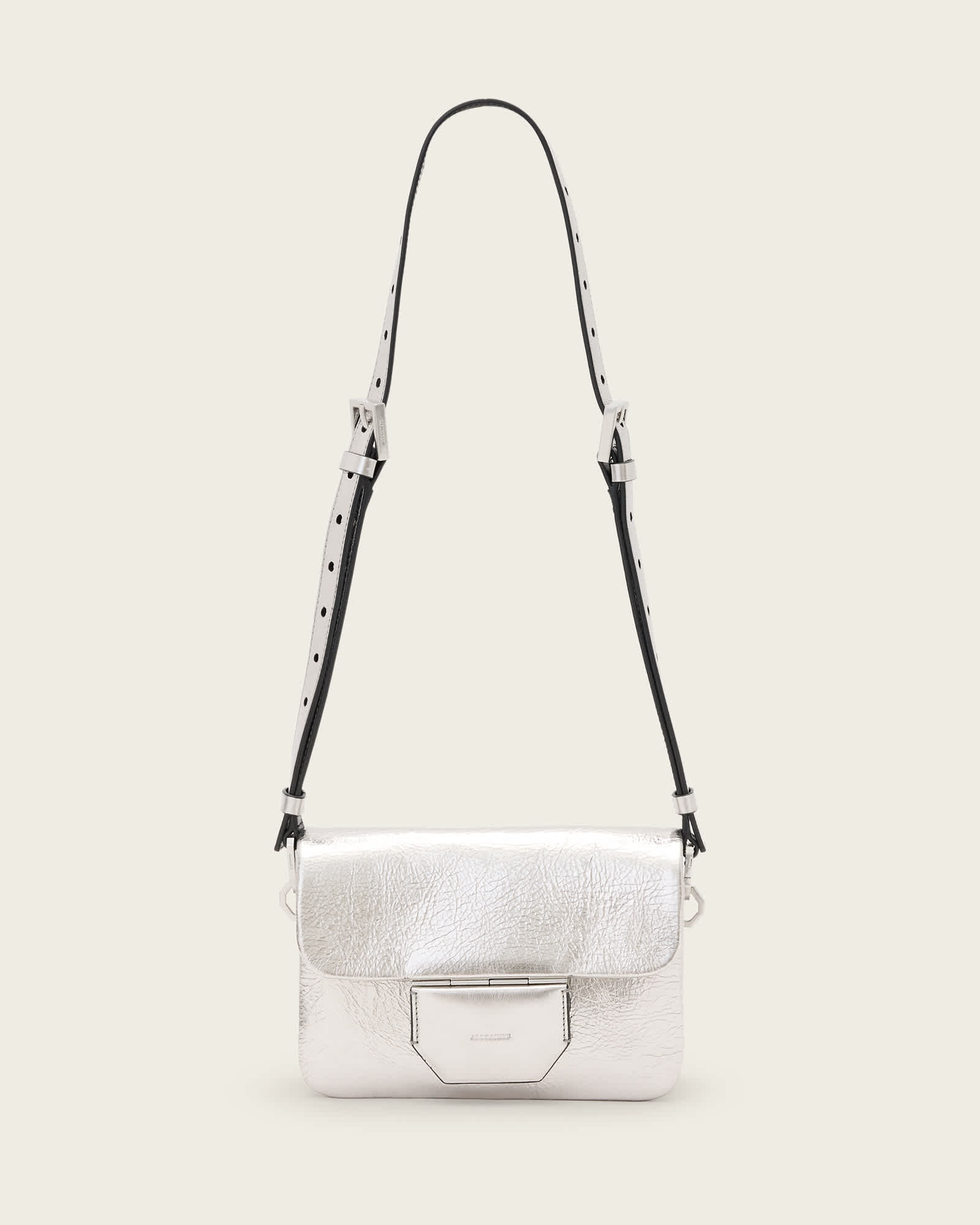 All Saints Jupiter Metallic Leather Crossbody Bag Silver