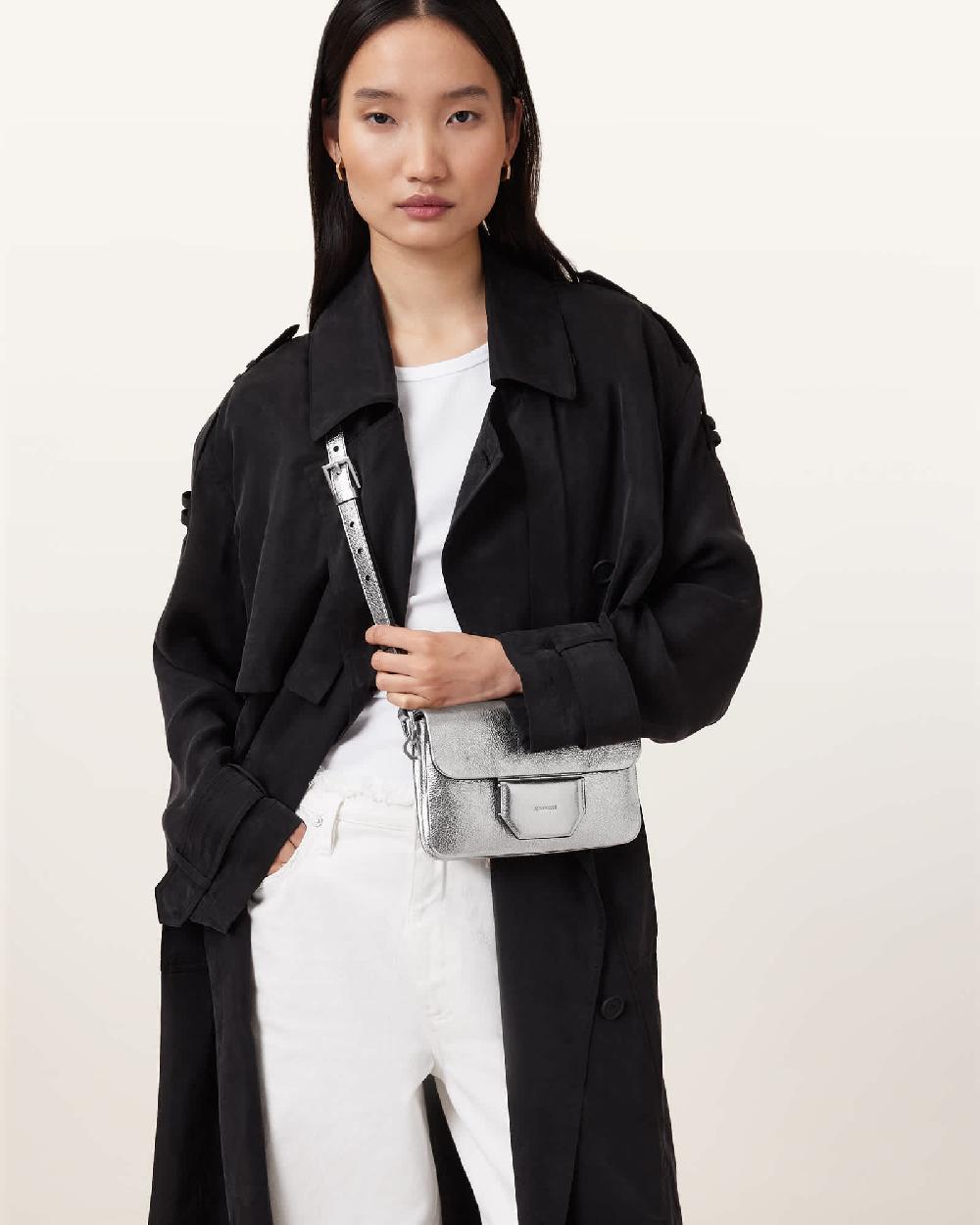 All Saints Jupiter Metallic Leather Crossbody Bag Silver