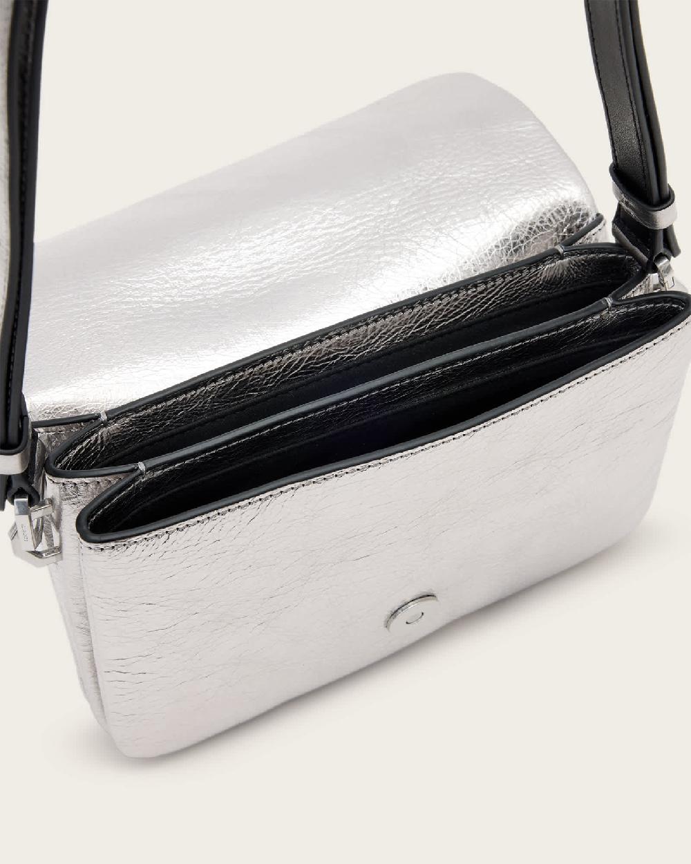 All Saints Jupiter Metallic Leather Crossbody Bag Silver