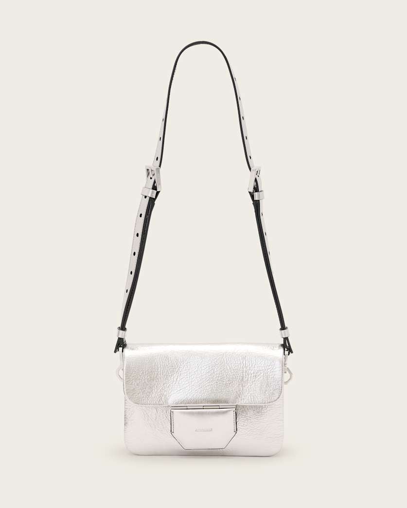 all saints Jupiter Metallic Leather Crossbody Bag Silver