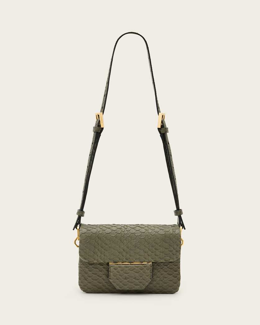 all saints Jupiter Snake Effect Leather Crossbody Bag Military Green