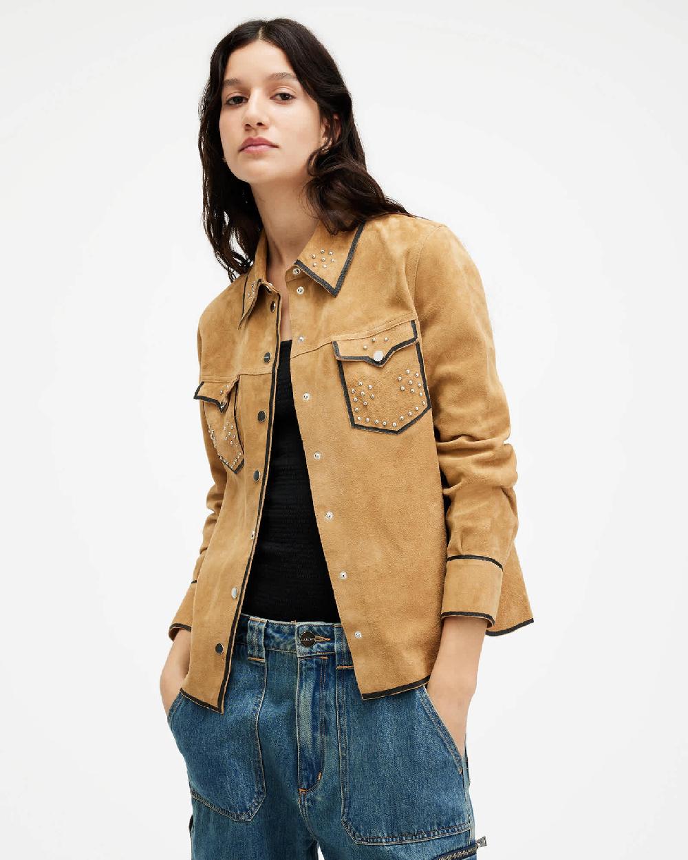 All Saints Karlson Studded Suede Western Shirt Tan Brown