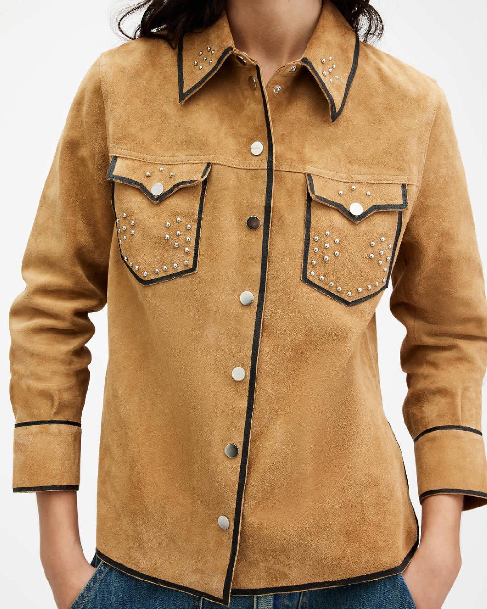 All Saints Karlson Studded Suede Western Shirt Tan Brown