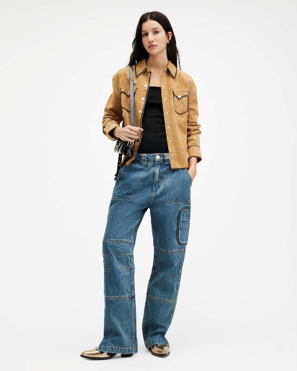 All Saints Karlson Studded Suede Western Shirt Tan Brown