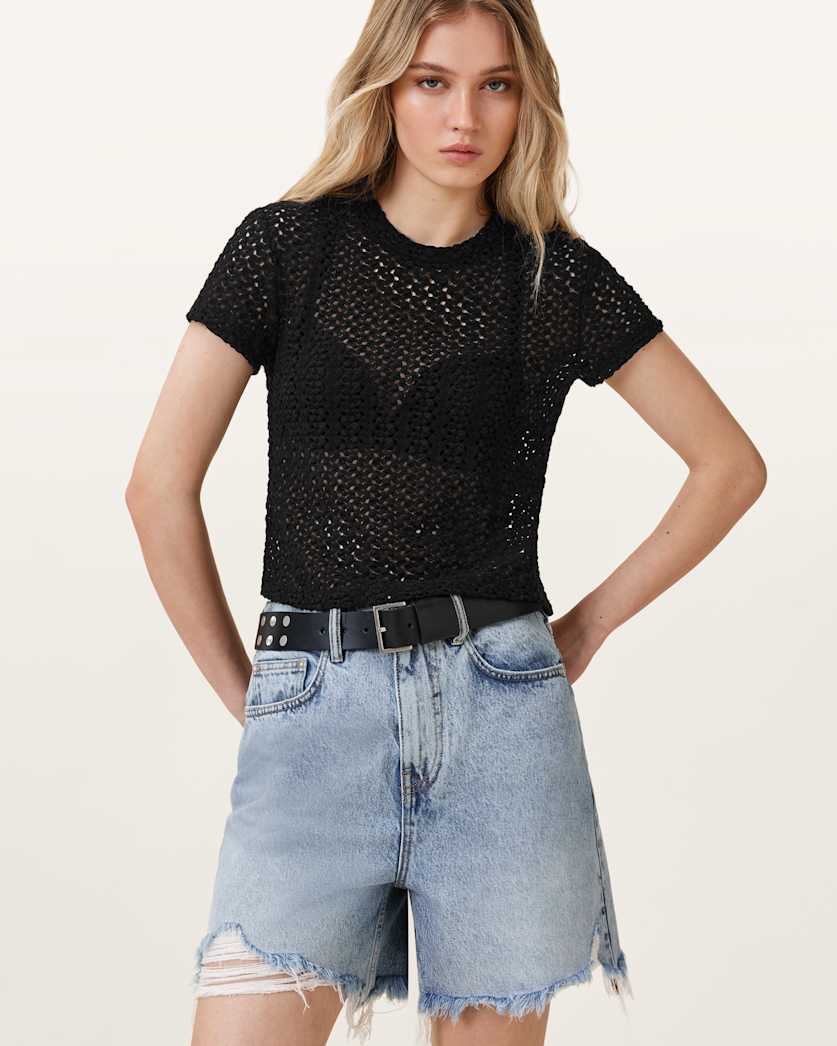 all saints Karma Crochet Stevie Slim Fit T-Shirt Black