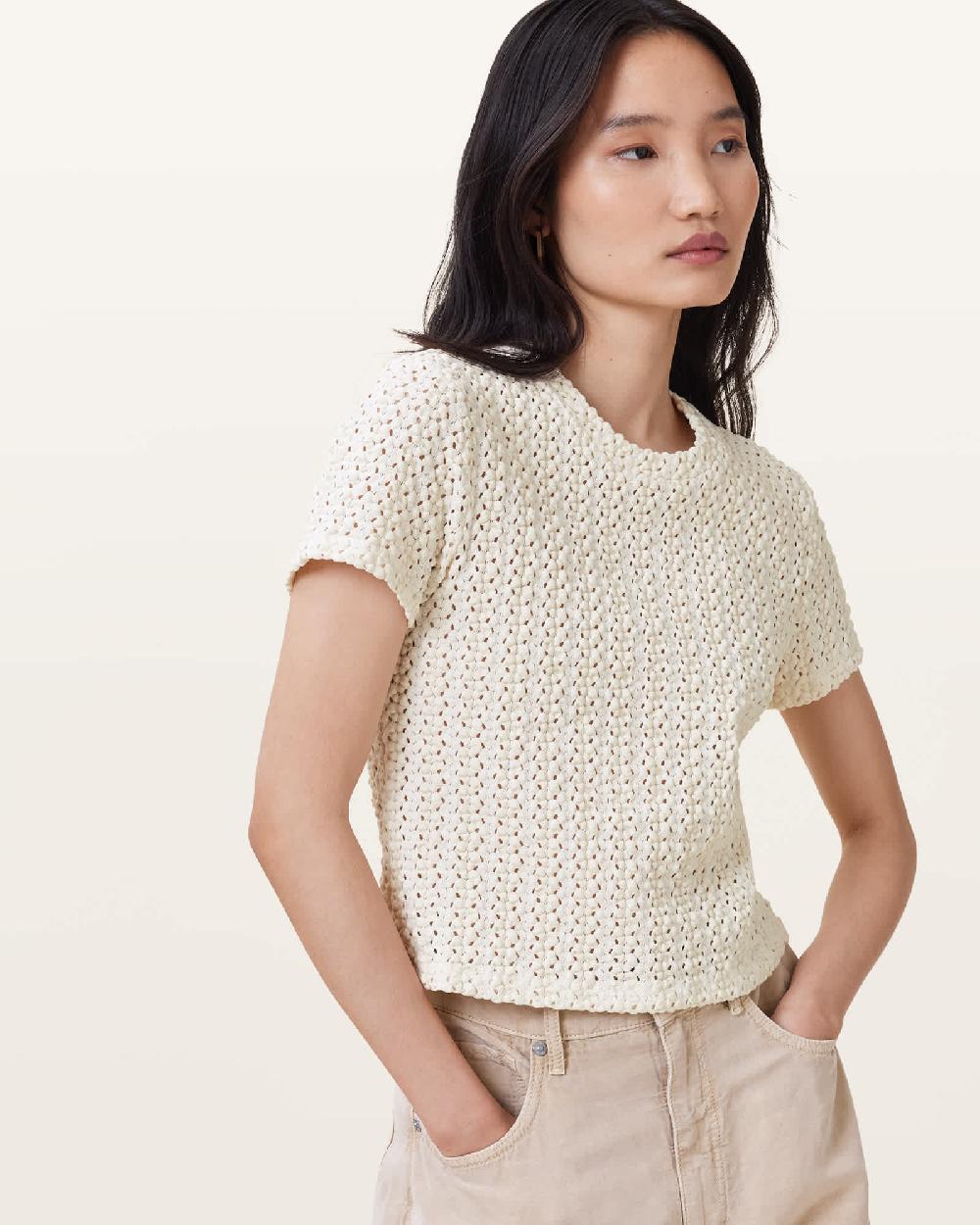 All Saints Karma Stevie Slim Fit Crochet T-Shirt Chalk White