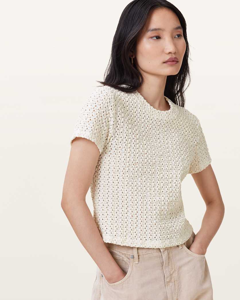 all saints Karma Stevie Slim Fit Crochet T-Shirt Chalk White