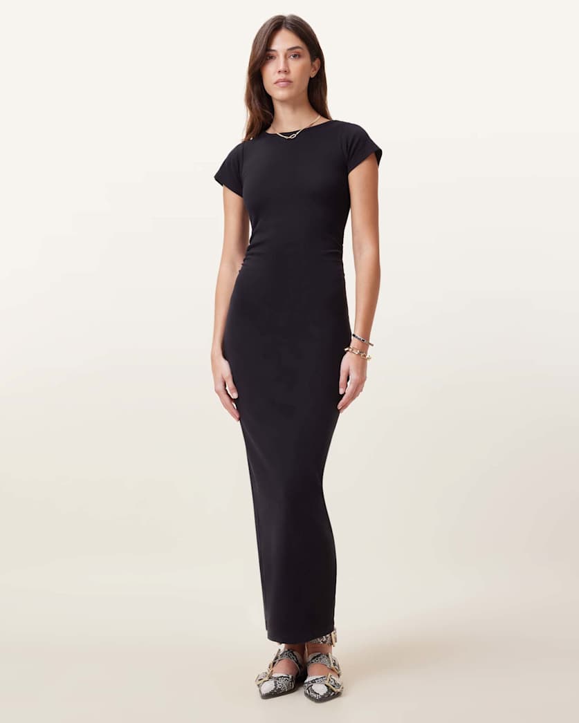 all saints Katarina Short Sleeve Slim Fit Maxi Dress Black
