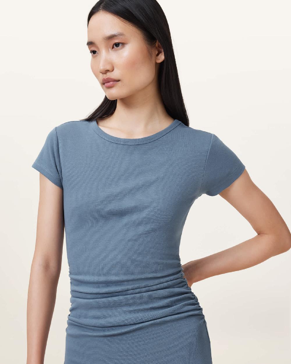 All Saints Katarina Short Sleeve Slim Fit Midi Dress Flint Stone Blue